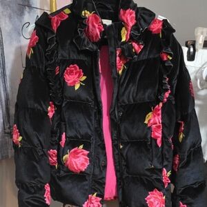 Black Velvet Floral Puffer Jacket with Pink Rose Print